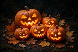 Glowing jack-o'-lanterns with autumn leaves on a dark background